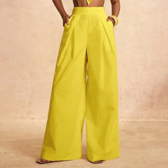 Yellow Elegant Women's Vacation One-Shoulder Chest Knot design crop top & pants